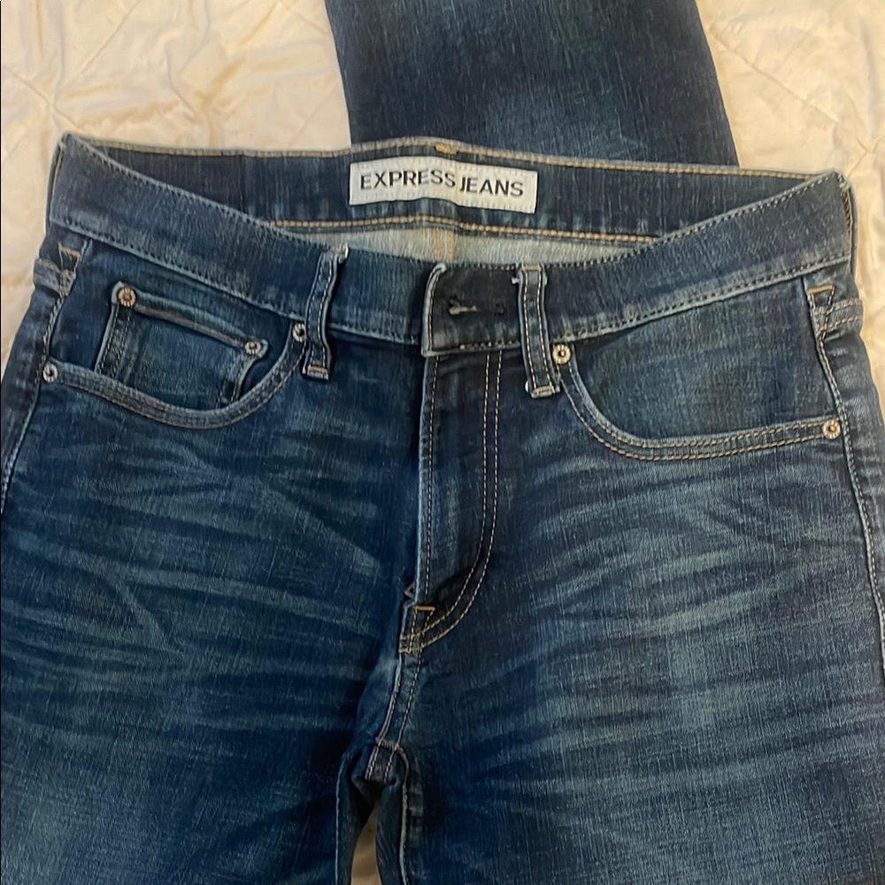 Express Blue Slim Straight Jeans with Faded Wash